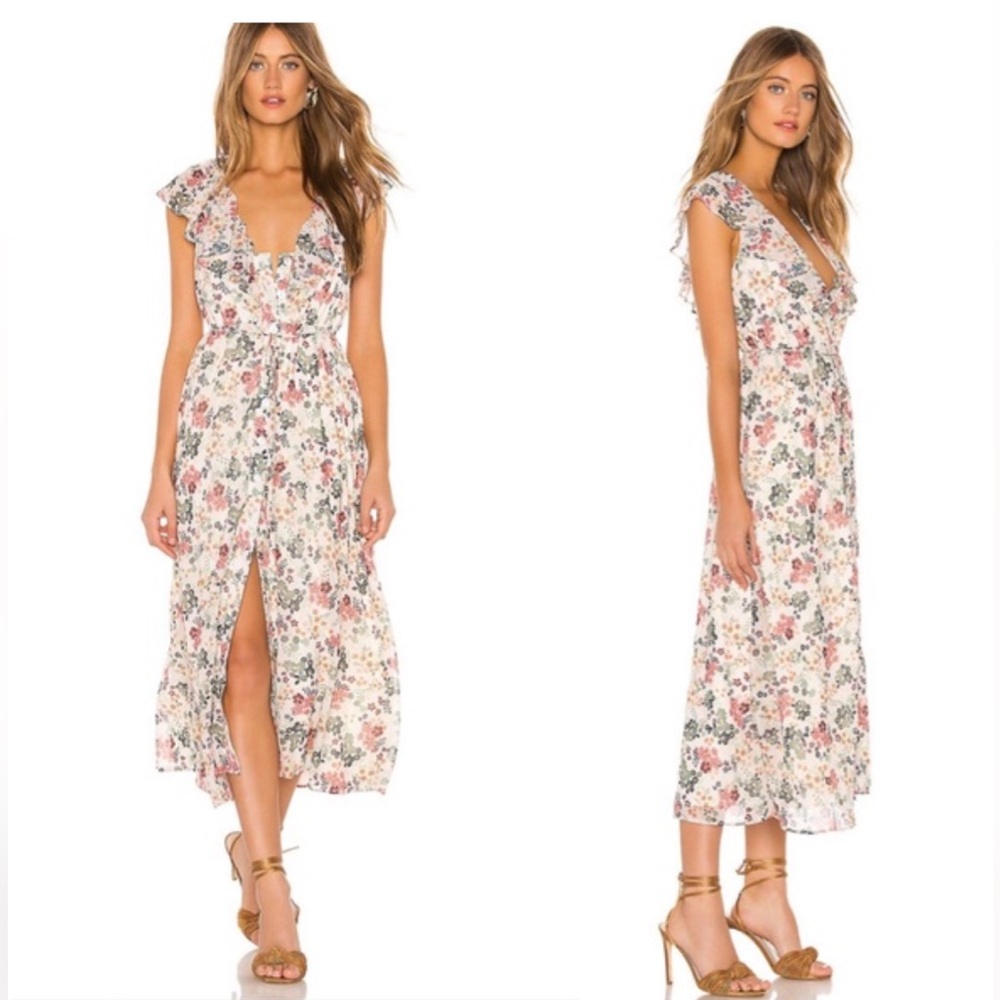 Tularosa Floral Midi Dress in Cream with Pink & Green Print